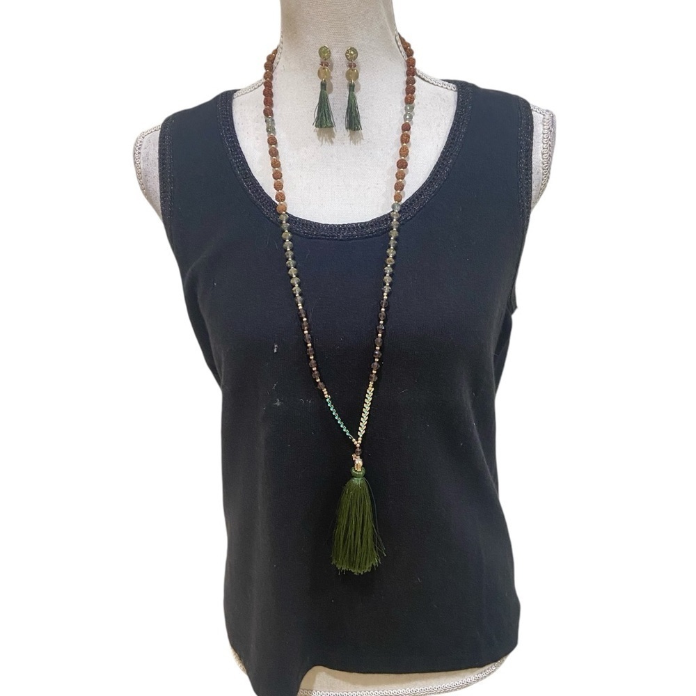 Lonna & Lilly green tassel 21 inch long woven bead necklace & matching earrings